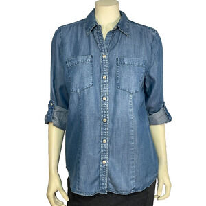 Chico's Classic Chambray Button Down Shirt Roll-Tab Sleeves Blue Sz XS S M New